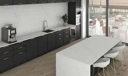 Image of installed ONE Quartz Surfaces Calacatta Cathedral White Quartz countertops