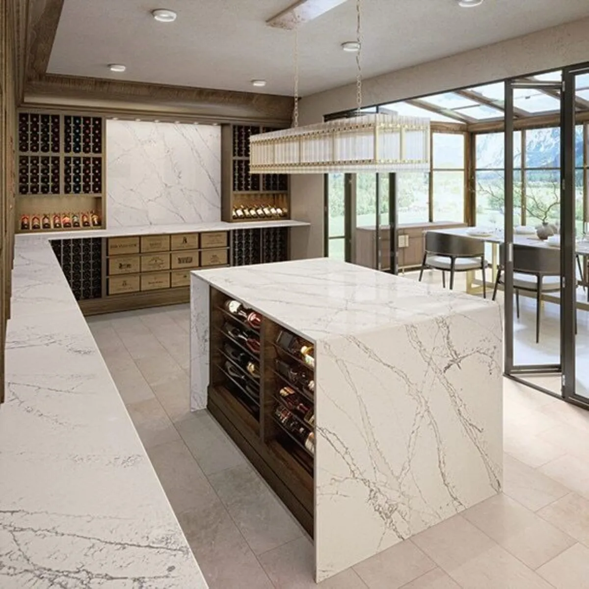 Image of installed ONE Quartz Surfaces Calacatta Cathedral White Quartz countertops