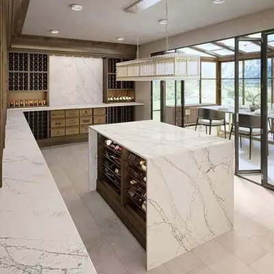 Image of installed ONE Quartz Surfaces Calacatta Cathedral White Quartz countertops