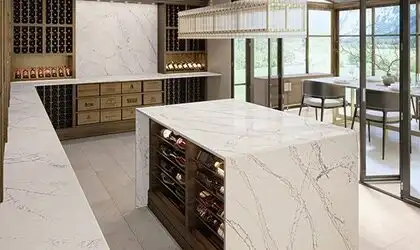 Image of installed ONE Quartz Surfaces Calacatta Cathedral White Quartz countertops