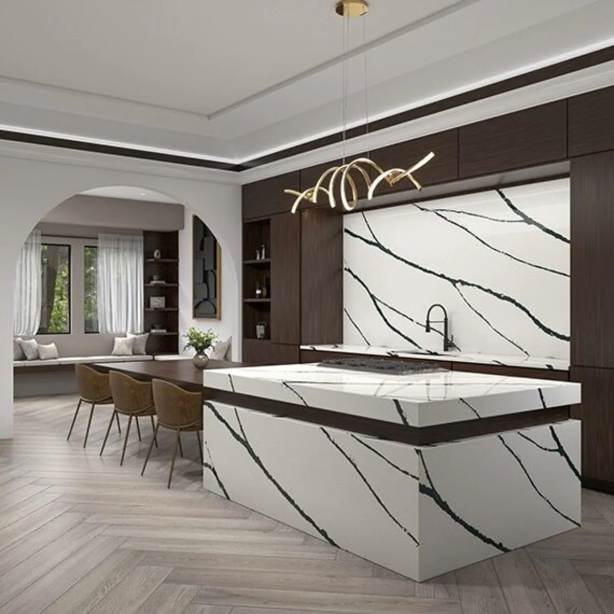 Image of installed ONE Quartz Surfaces Calacatta Bolt White Quartz countertops