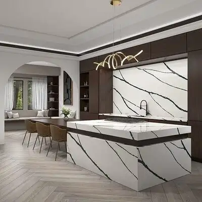 Image of installed ONE Quartz Surfaces Calacatta Bolt White Quartz countertops