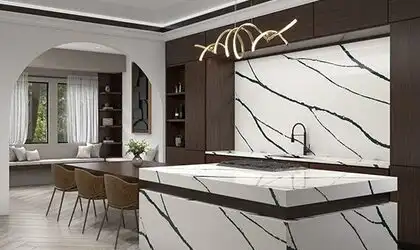 Image of installed ONE Quartz Surfaces Calacatta Bolt White Quartz countertops