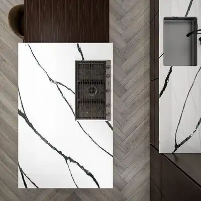Image of installed ONE Quartz Surfaces Calacatta Bolt White Quartz countertops