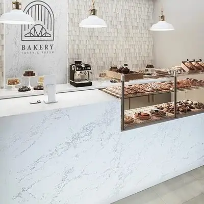 Image of installed ONE Quartz Surfaces Arabescato Mountain White Quartz countertops