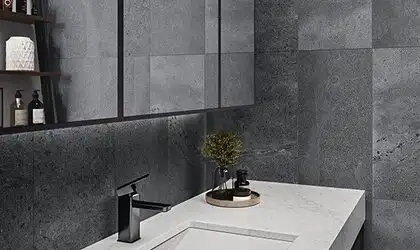 Image of installed ONE Quartz Surfaces Arabescato Mountain White Quartz countertops