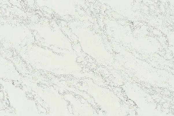 Image of installed ONE Quartz Surfaces Arabescato Twilight White Quartz countertops