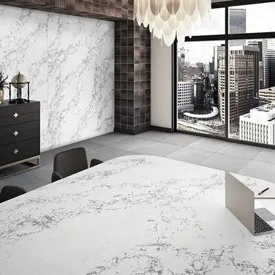 Image of installed ONE Quartz Surfaces Arabescato Twilight White Quartz countertops