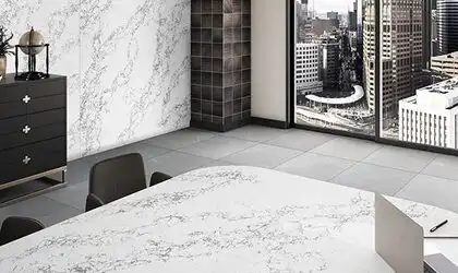 Image of installed ONE Quartz Surfaces Arabescato Twilight White Quartz countertops