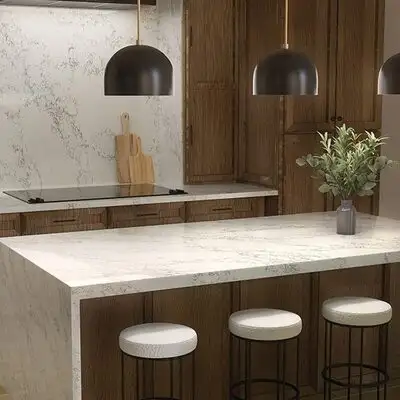 Image of installed ONE Quartz Surfaces Arabescato Twilight White Quartz countertops