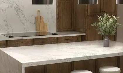 Image of installed ONE Quartz Surfaces Arabescato Twilight White Quartz countertops
