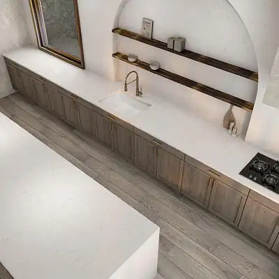 Image of installed ONE Quartz Surfaces Carrara Pisa White Quartz countertops