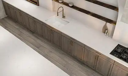 Image of installed ONE Quartz Surfaces Carrara Pisa White Quartz countertops