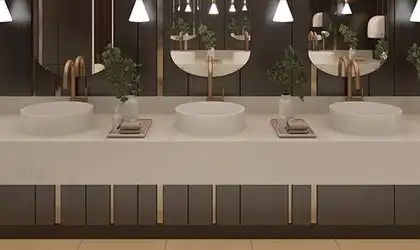 Image of installed ONE Quartz Surfaces Chateau Cream Quartz countertops