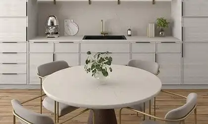 Image of installed ONE Quartz Surfaces Chateau Cream Quartz countertops