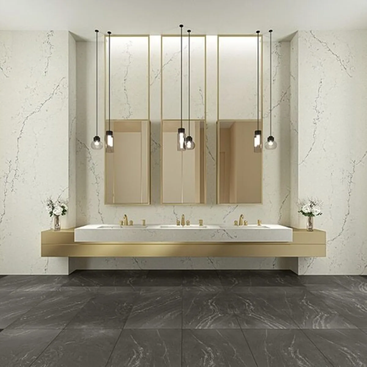 Image of installed ONE Quartz Surfaces Washington Cream Quartz countertops