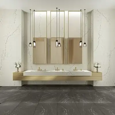 Image of installed ONE Quartz Surfaces Washington Cream Quartz countertops