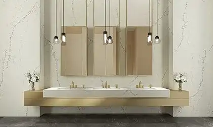 Image of installed ONE Quartz Surfaces Washington Cream Quartz countertops