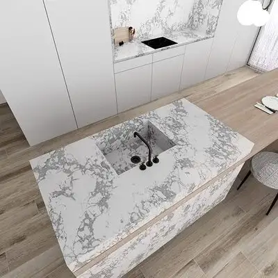 Image of installed ONE Quartz Surfaces Arctic Arabescato White Quartz countertops