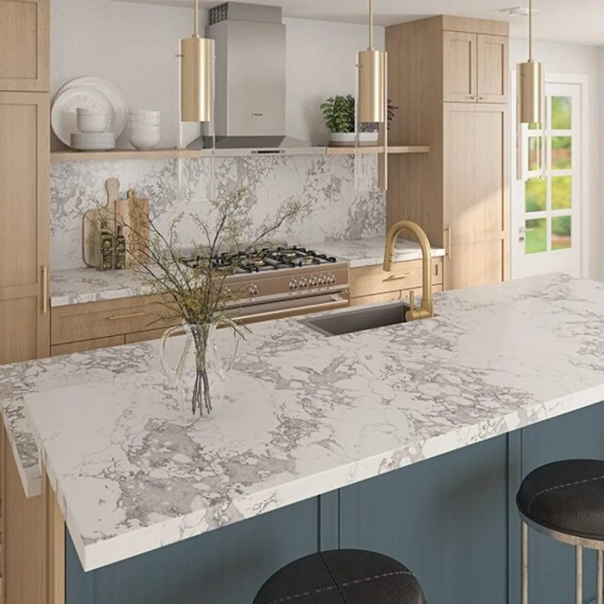 Image of installed ONE Quartz Surfaces Arctic Arabescato White Quartz countertops