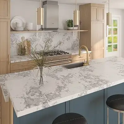 Image of installed ONE Quartz Surfaces Arctic Arabescato White Quartz countertops