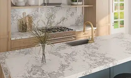 Image of installed ONE Quartz Surfaces Arctic Arabescato White Quartz countertops