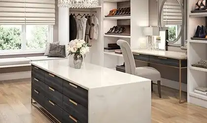 Image of installed ONE Quartz Surfaces Carrara Veil Cream Quartz countertops