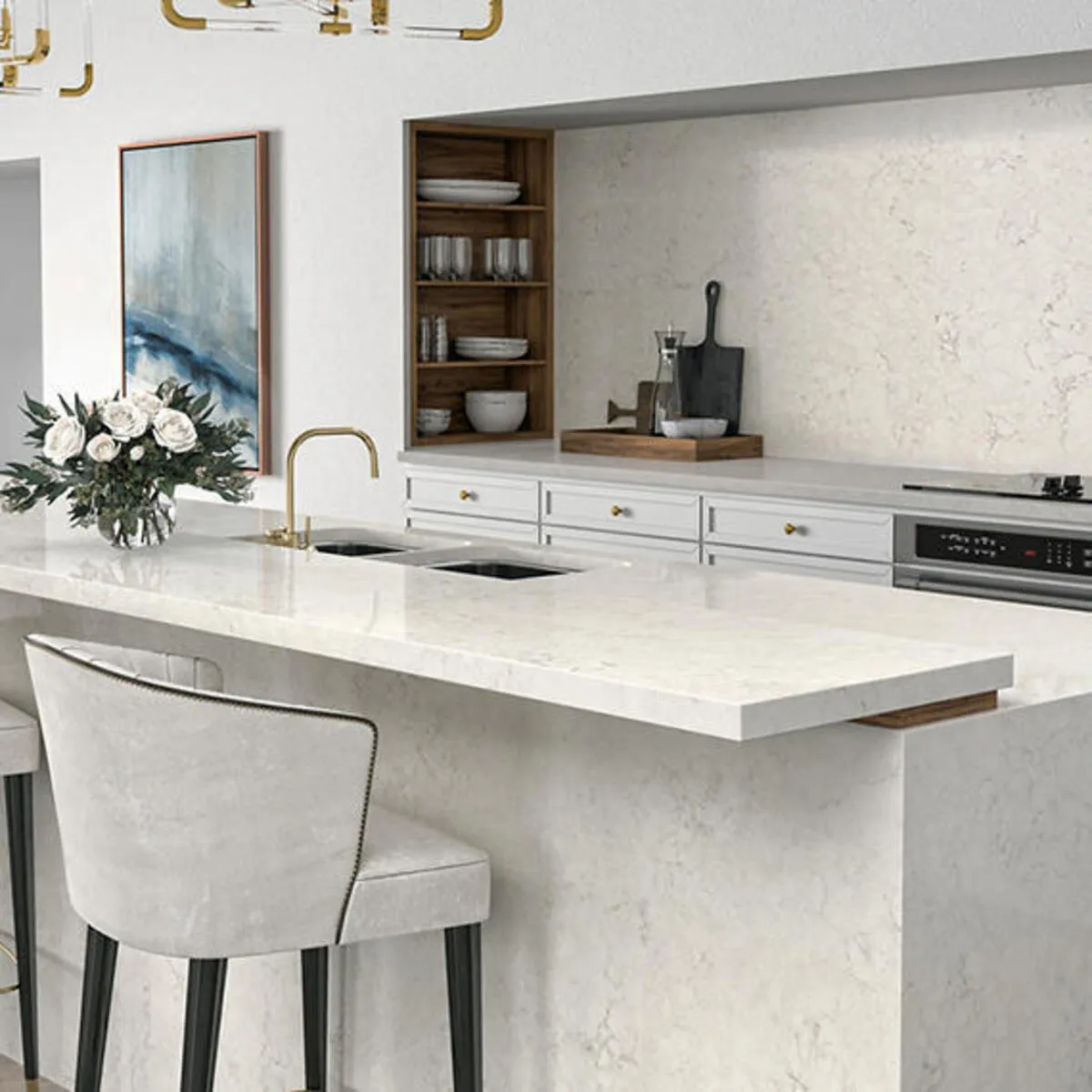 Image of installed ONE Quartz Surfaces Kodiak White Quartz countertops