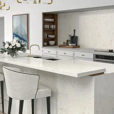 Image of installed ONE Quartz Surfaces Kodiak White Quartz countertops