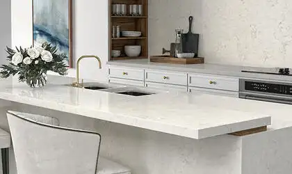 Image of installed ONE Quartz Surfaces Kodiak White Quartz countertops