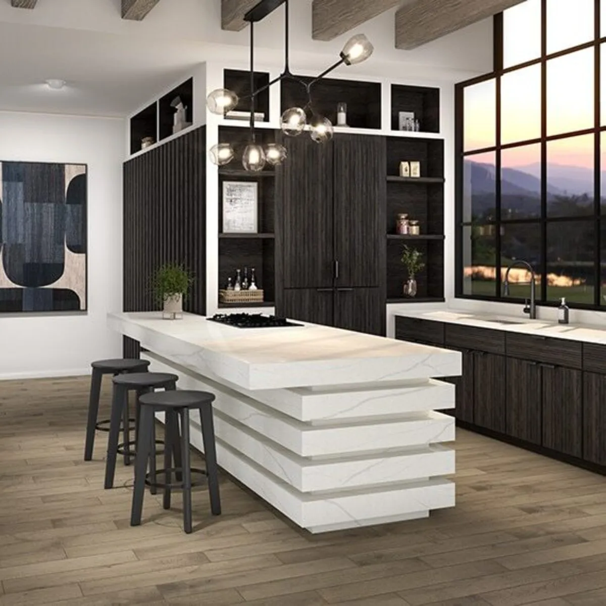 Image of installed ONE Quartz Surfaces Monument White Cream Quartz countertops