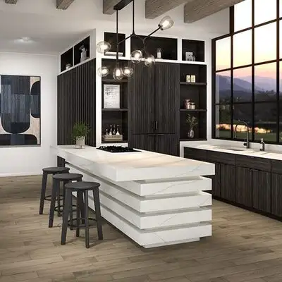 Image of installed ONE Quartz Surfaces Monument White Cream Quartz countertops