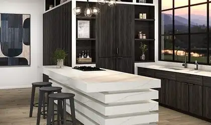 Image of installed ONE Quartz Surfaces Monument White Cream Quartz countertops