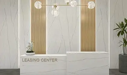 Image of installed ONE Quartz Surfaces Monument White Cream Quartz countertops