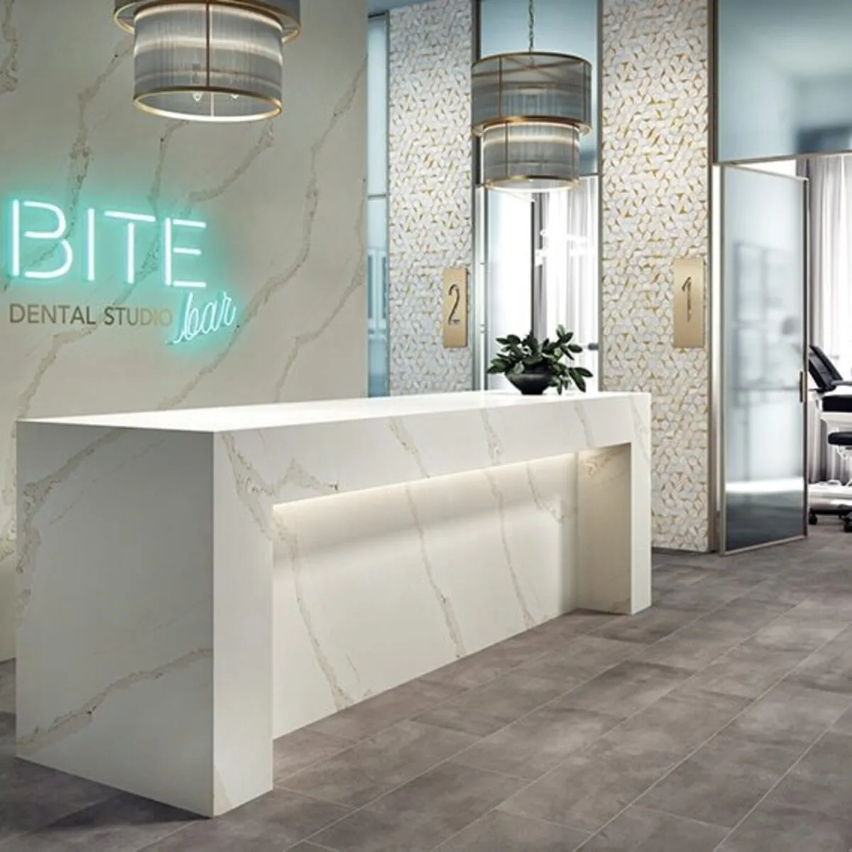 Image of installed ONE Quartz Surfaces Patriotic Calacatta White Quartz countertops