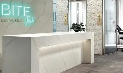 Image of installed ONE Quartz Surfaces Patriotic Calacatta White Quartz countertops