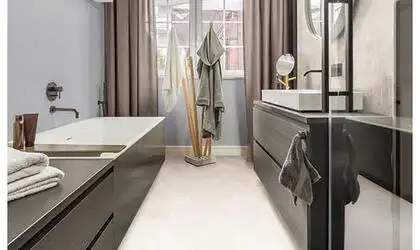 Image of installed Panoramic Porcelain Surfaces Belmont Terrace Beige Porcelain countertops