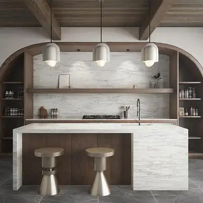 Image of installed ONE Quartz Surfaces Astoria White Quartz countertops