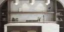 Image of installed ONE Quartz Surfaces Astoria White Quartz countertops