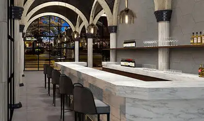 Image of installed ONE Quartz Surfaces Astoria White Quartz countertops