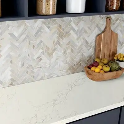 Image of installed ONE Quartz Surfaces Liberty Gold Cream Quartz countertops