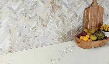 Image of installed ONE Quartz Surfaces Liberty Gold Cream Quartz countertops