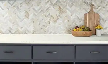 Image of installed ONE Quartz Surfaces Liberty Gold Cream Quartz countertops