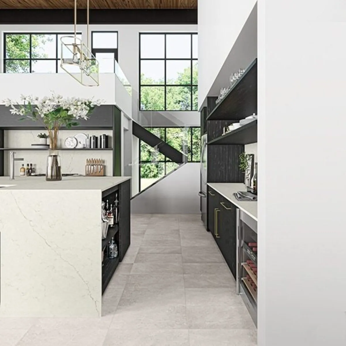 Image of installed ONE Quartz Surfaces Freedom Calacatta Cream Quartz countertops