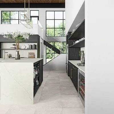 Image of installed ONE Quartz Surfaces Freedom Calacatta Cream Quartz countertops