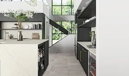 Image of installed ONE Quartz Surfaces Freedom Calacatta Cream Quartz countertops