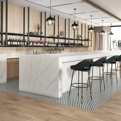 Image of installed ONE Quartz Surfaces Independence Calacatta White Quartz countertops