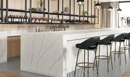 Image of installed ONE Quartz Surfaces Independence Calacatta White Quartz countertops