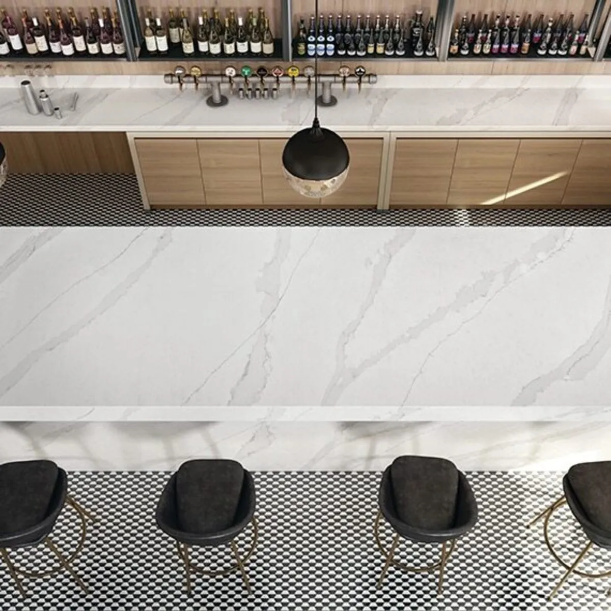 Image of installed ONE Quartz Surfaces Independence Calacatta White Quartz countertops