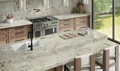Image of installed Adonis White Cream Granite countertops